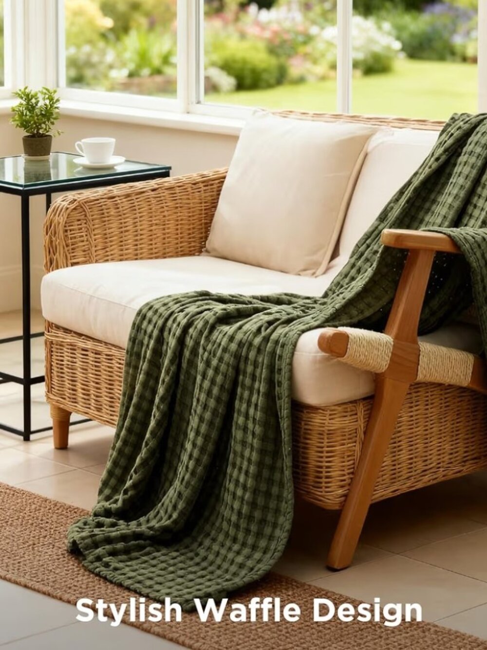 BNWT Olive Green Waffle Blanket 90 x90 inches